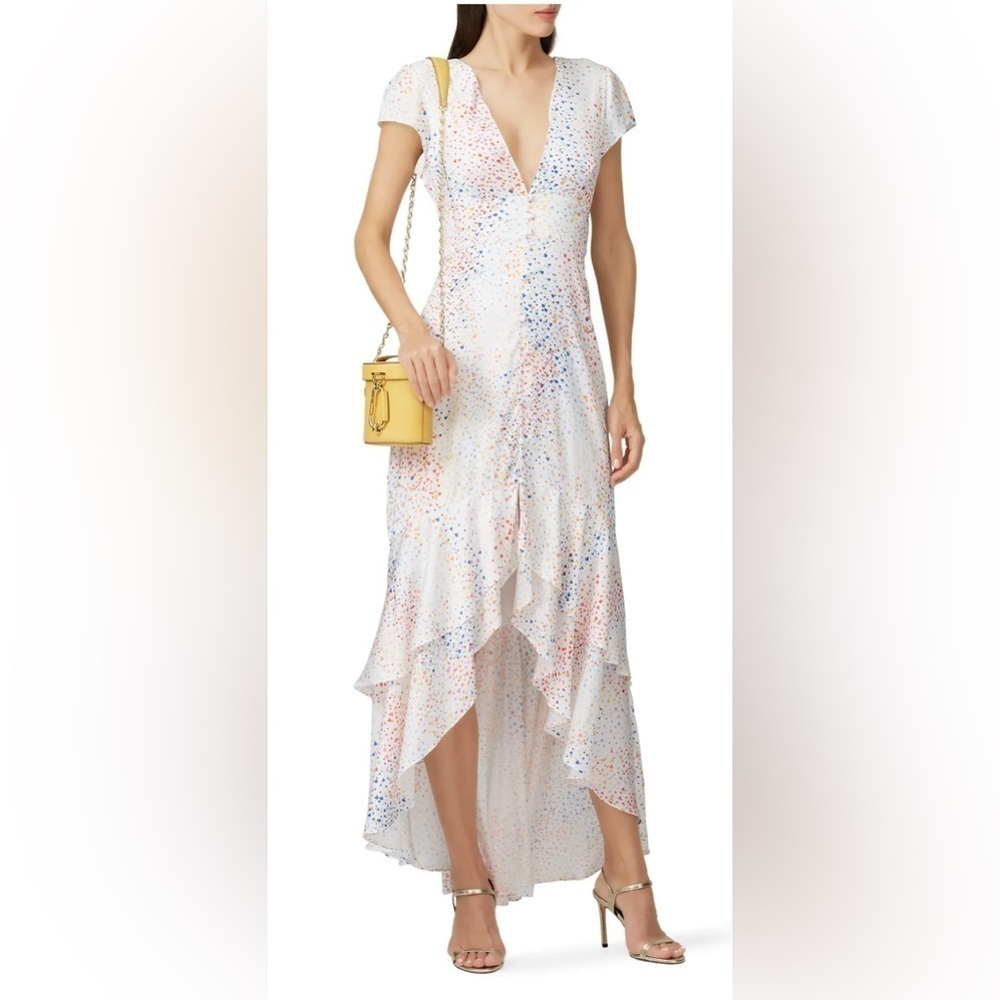 Hutch Anthropology White Multi Color Heart Maxi Dress Satin Hi Low V-neck Sz 4